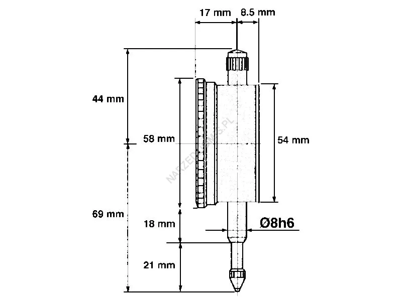 Rysunek techniczny: Czujnik zegarowy: Zakres pomiarowy 10 mm, Działka 0,01 mm - LIMIT